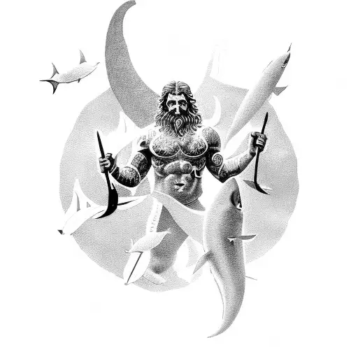 complete body of Poseidon god with sharks swimming beside tattoo design idea