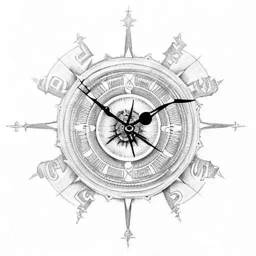clock skulll  angel  castle  compass tattoo design idea
