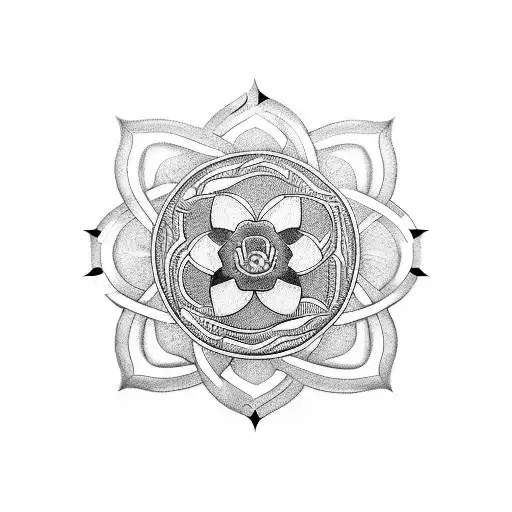 A blackwork tattoo of the BTS logo intertwined with a Japanese flower on the spine tattoo design idea