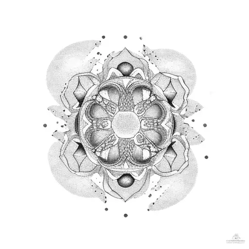 A dotwork tattoo of the BTS logo surrounded by Japanese flowers, with the design wrapping around the spine tattoo design idea