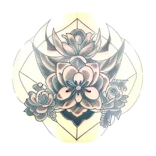 A blackwork tattoo of the BTS members' silhouettes, each adorned with a different Japanese flower representing their individual personalities tattoo design idea
