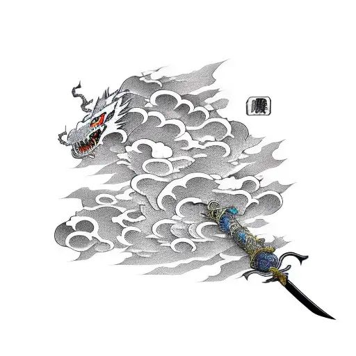 Adragon and sword with akatsuki cloud patterns in the land of the rising sun tattoo design idea