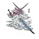Adragon and sword with akatsuki cloud patterns in the land of the rising sun tattoo design idea