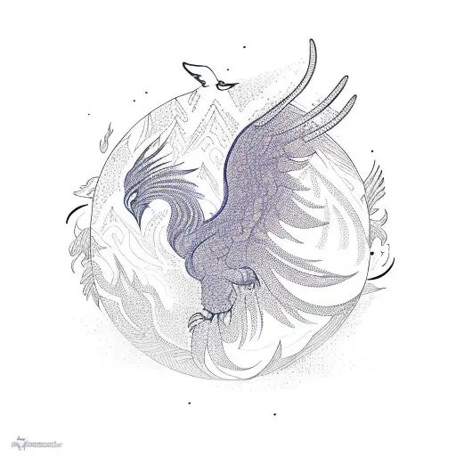 A soaring phoenix atop a mountain peak, amidst a vibrant mandala and surrounded by graceful birds tattoo design idea
