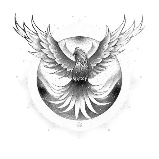 A soaring phoenix atop a mountain peak, amidst a vibrant mandala and surrounded by graceful birds tattoo design idea