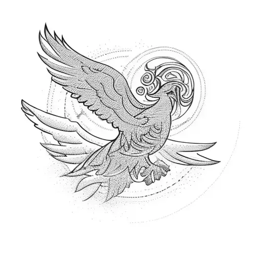 A soaring phoenix atop a mountain peak, amidst a vibrant mandala and surrounded by graceful birds tattoo design idea