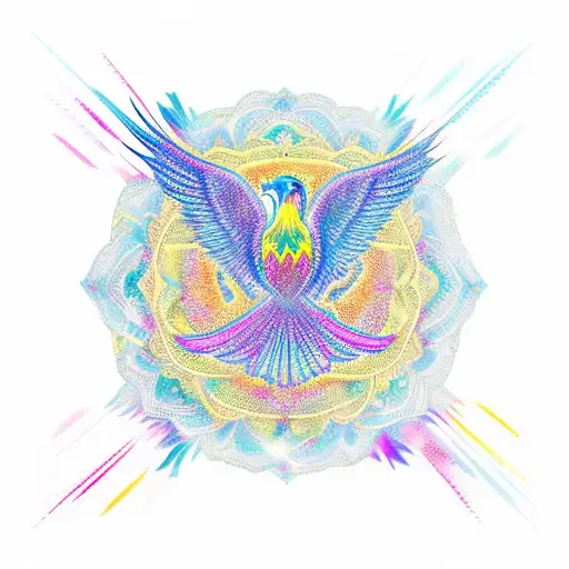 A soaring phoenix atop a mountain peak, amidst a vibrant mandala and surrounded by graceful birds tattoo design idea