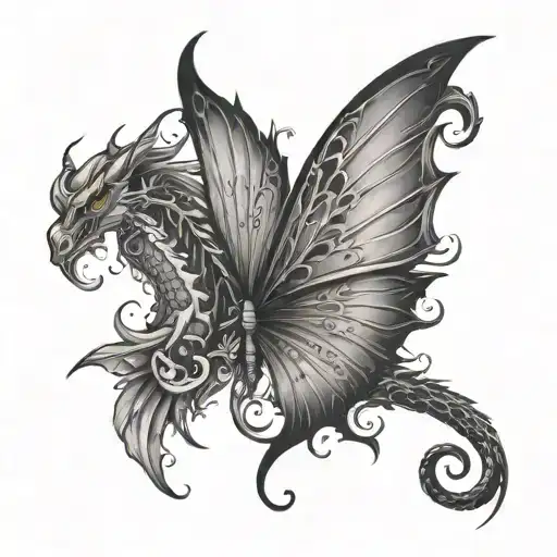half Butterfly wings with a dragon with wing tattoo design idea