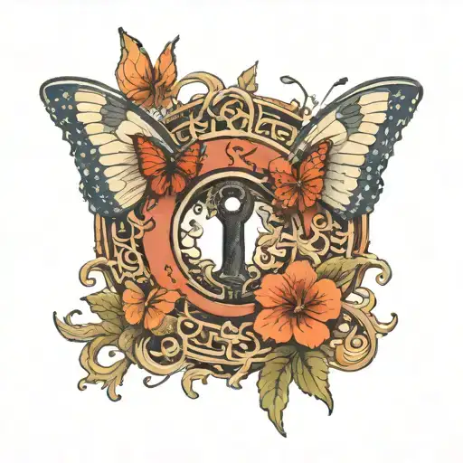 A mysterious keyhole with a butterfly emerging from it, symbolizing transformation and strength tattoo design idea