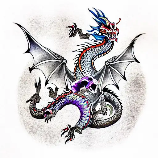 A colorful dragon with a skull in the hands tattoo design idea
