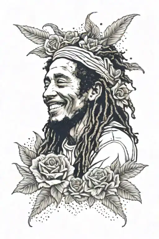 bob marley smiling with roses surrounded tattoo design idea