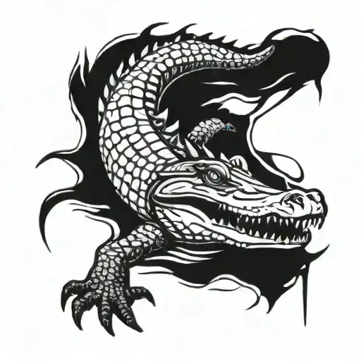 swimming crocodile who is getting killed by a knight in dark armour tattoo design idea