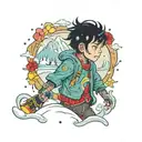 boy with black hair and colorful tattoos walking through snow tattoo design idea