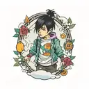 boy with black hair and colorful tattoos walking through snow tattoo design idea