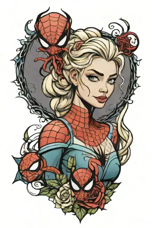 Elsa with Spider-Man  tattoo design idea