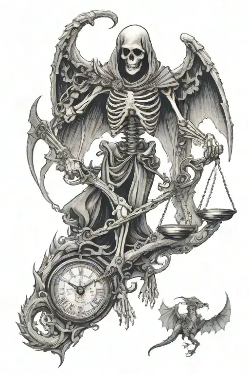 skeleton reaper holding libra scales surrounded by flying dragon tattoo design idea