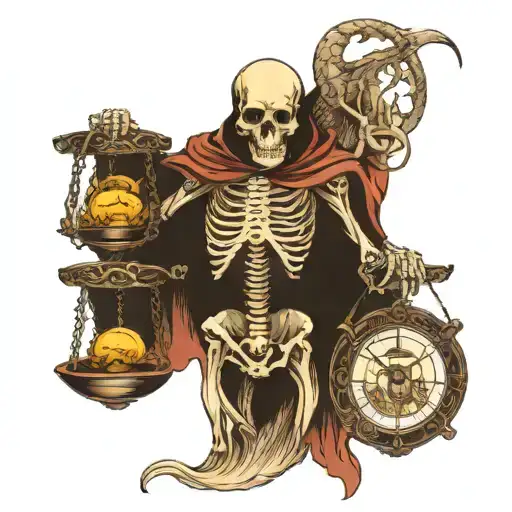 skeleton reaper holding scales surrounded by dragon tattoo design idea