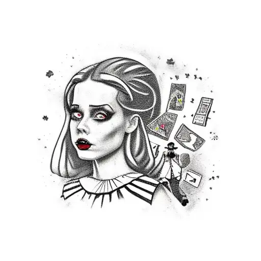 A surreal scene of Alice in Wonderland exploring a movie set tattoo design idea