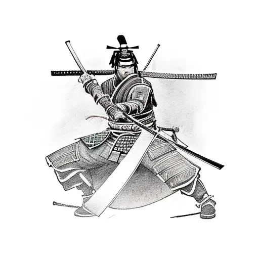 Samurai warrior wielding a katana in front of a traditional Japanese landscape tattoo design idea
