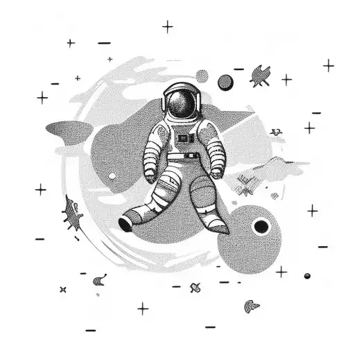 Astronaut floating in outer space, with computer-related items floating around tattoo design idea