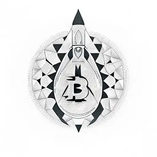A dotwork design featuring a bitcoin symbol morphing into a rocket ship, symbolizing the intersection of cryptocurrency and space exploration tattoo design idea