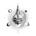 A futuristic design featuring a rocket ship racing through the galaxy with bitcoin symbols trailing behind tattoo design idea