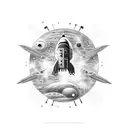 A futuristic design featuring a rocket ship racing through the galaxy with bitcoin symbols trailing behind tattoo design idea