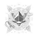 A dotwork design featuring a bitcoin symbol morphing into a rocket ship, symbolizing the intersection of cryptocurrency and space exploration tattoo design idea