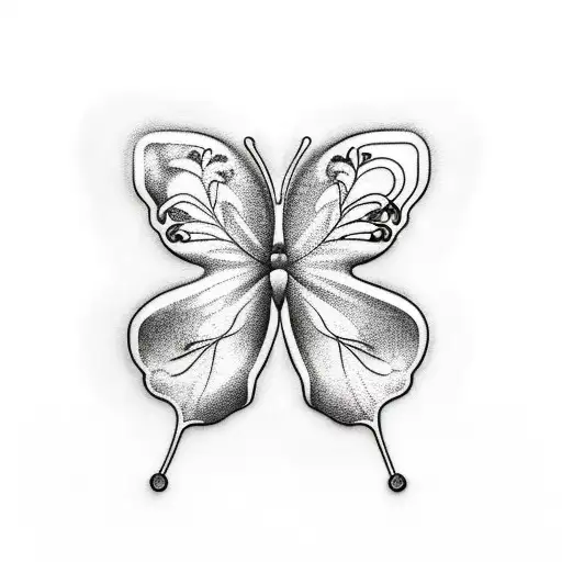 A bloc party themed tattoo with music notes and a butterfly silhouette tattoo design idea