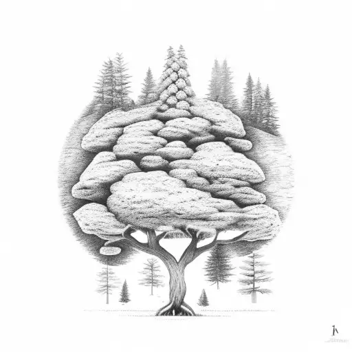  forest landscape with in front tree with heart around initials H+D engraved in the bark tattoo design idea