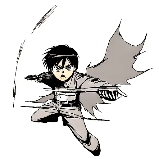Eren Jaeger as a kid with uniform using the Omni-Directional Maneuvering Gear in an attack pose tattoo design idea