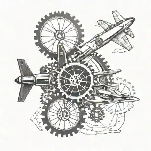 A mechanical gear with intricate travel-themed elements like airplanes and suitcases, showcasing the fusion of your engineering background and love for travel tattoo design idea