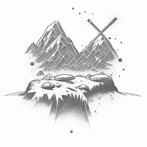 small cross on mountain with space and starwars tattoo design idea