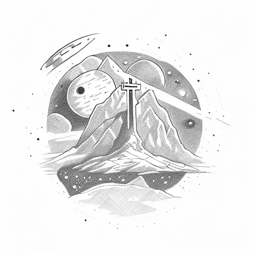 cross on mountain with space and starwars tattoo design idea