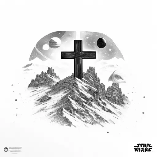 cross on mountain with space and starwars tattoo design idea