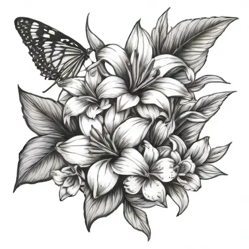 strelitzia, Gerber daisy, lilac, orchid, hollyhock  tattoo design idea