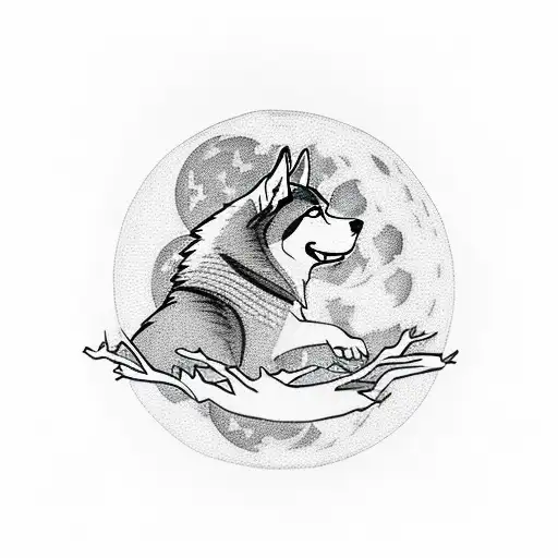 A blackwork tattoo of a husky howling at a full moon in a forest while hiking boots hang from a tree branch tattoo design idea