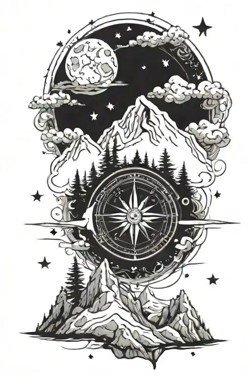 mountain, moon, stars, compass  tattoo design idea