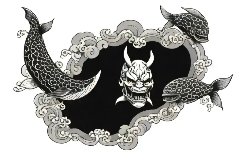 3 hannya masks in a row with a whale tale behind and japanese clouds patten inside the tail tattoo design idea