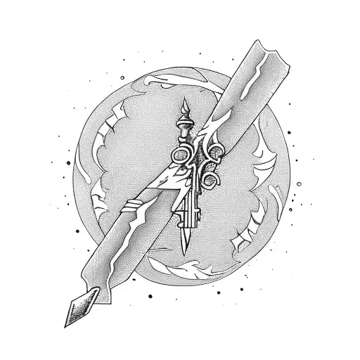 key with triple moon handle, crossed torches and a dagger tattoo design idea
