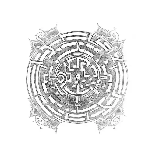 tattoo for forearm, main component is a key, with labyrinth maze and triple moon at the top, crossed torches and athame  tattoo design idea