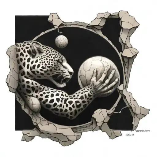 jaguar eyes Sisyphus pushing a boulder and vitruvian man tattoo design idea