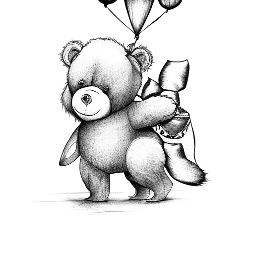 A teddy bear hanging on a balloon a donkey and a bird tattoo design idea
