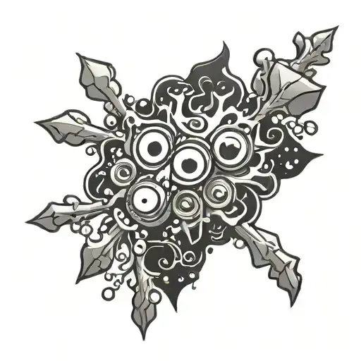 a psycho alive snow flake on drugs with big eyes with mushrooms cartoon style black and grey tattoo design idea