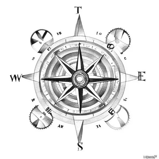 A compass rose with gears and cogs, symbolizing the journey of life tattoo design idea