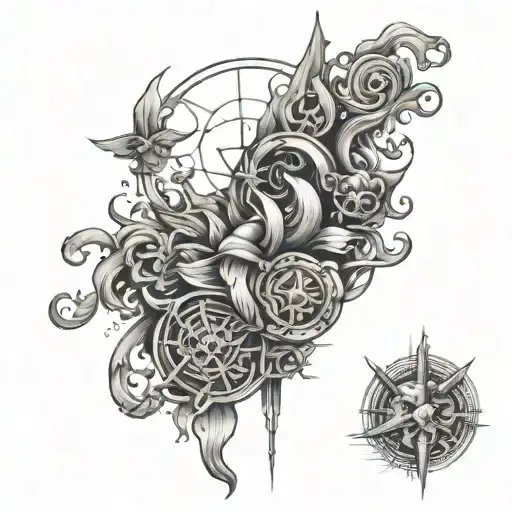 A symbolic tattoo of a hero's journey incorporating elements of pain, reward, and love in a dynamic composition tattoo design idea