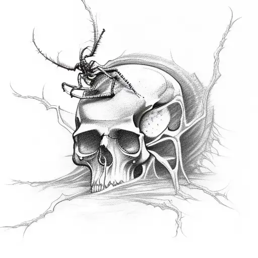 A sketch of a tattoo in horror art style, a drawing in the form of a spider with a skull from which worms crawl out, eve tattoo design idea