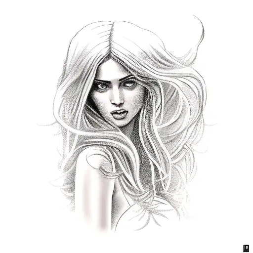 Aphrodite greek godess sexy pose long flowing hair long dress with high split big bust tattoo design idea