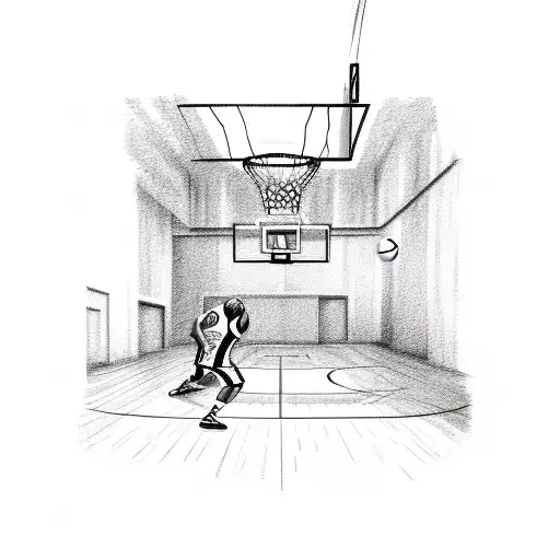 A sketch of a basketball court with Benjamin Franklin sitting on the sidelines tattoo design idea