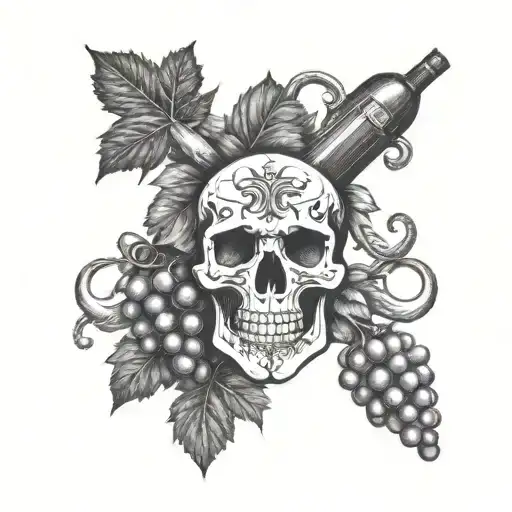 wine, hooligan, grape, vine, skull, vine leaf, anchor, sea pirate tattoo design idea